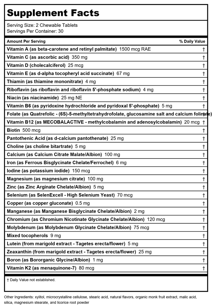 Seeking Health Optimal Multivitamin Chewable, Active B Vitamins with B12 and L-5-MTHF, Daily Vitamin for Men and Women, Wellness and Immune Support, Vegetarian (60 Tablets)* - Supplement Facts panel