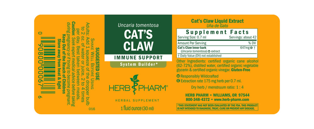 Herb Pharm - Cat's Claw 8 oz [Health and Beauty] - Supplement Facts panel