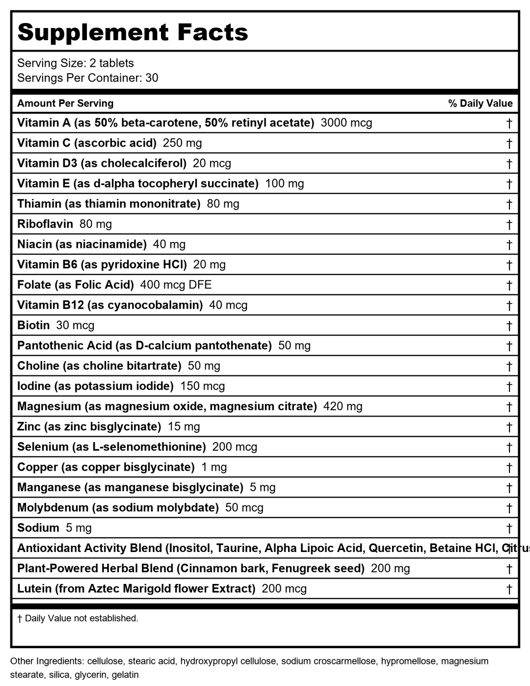 Alive! Diabetic Multivitamin  Nutritional Support for Adults with Diabetes  B-Vitamins  Unisex  60ct - Supplement Facts panel