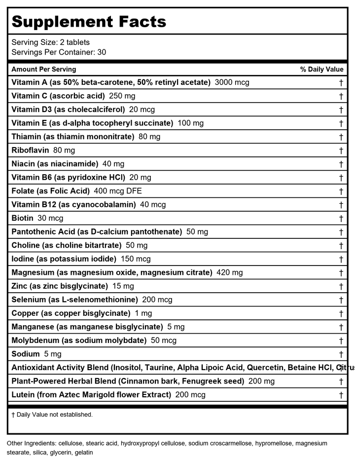 Alive! Diabetic Multivitamin  Nutritional Support for Adults with Diabetes  B-Vitamins  Unisex  60ct - Supplement Facts panel