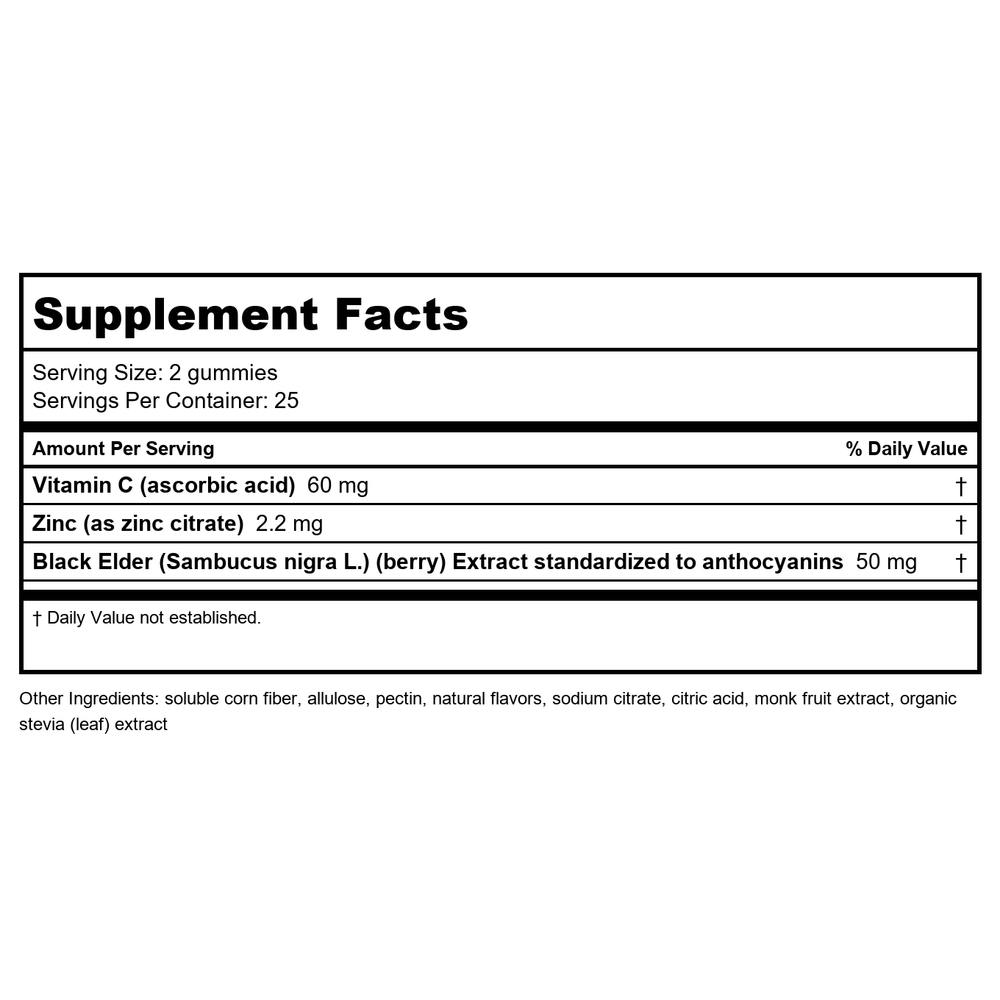 153027 Sambucus Zero Sugar Kids Gummy - 50 Count - Supplement Facts panel