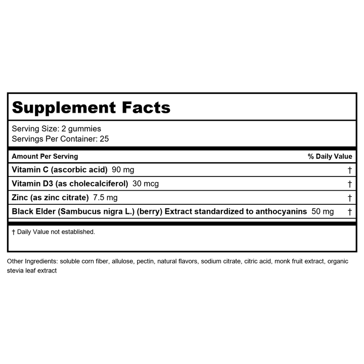Nature’s Way Sambucus Zero Sugar Elderberry Immune Gummies  with Vitamins C  D3 &amp; Zinc  Unisex  50ct - Supplement Facts panel