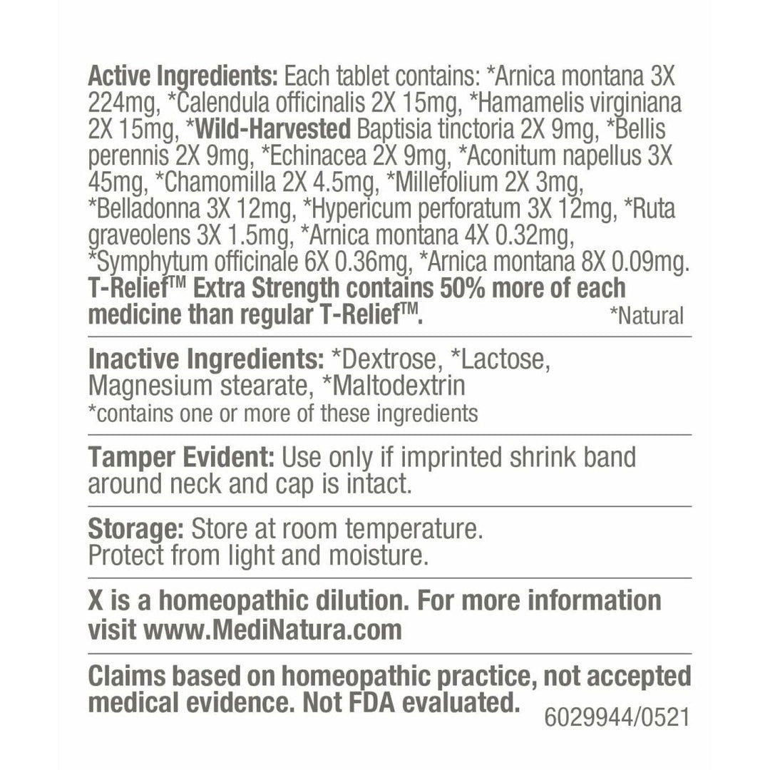 MediNatura T-Relief Extra Strength Arnica +12 Natural Homeopathic Actives for Joint Muscle Aches Pains &amp; Soreness for Women &amp; Men - 250 Tablets - Supplement Facts panel