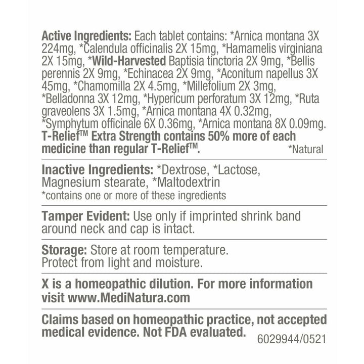 MediNatura T-Relief Extra Strength Arnica +12 Natural Homeopathic Actives for Joint Muscle Aches Pains &amp; Soreness for Women &amp; Men - 250 Tablets - Supplement Facts panel
