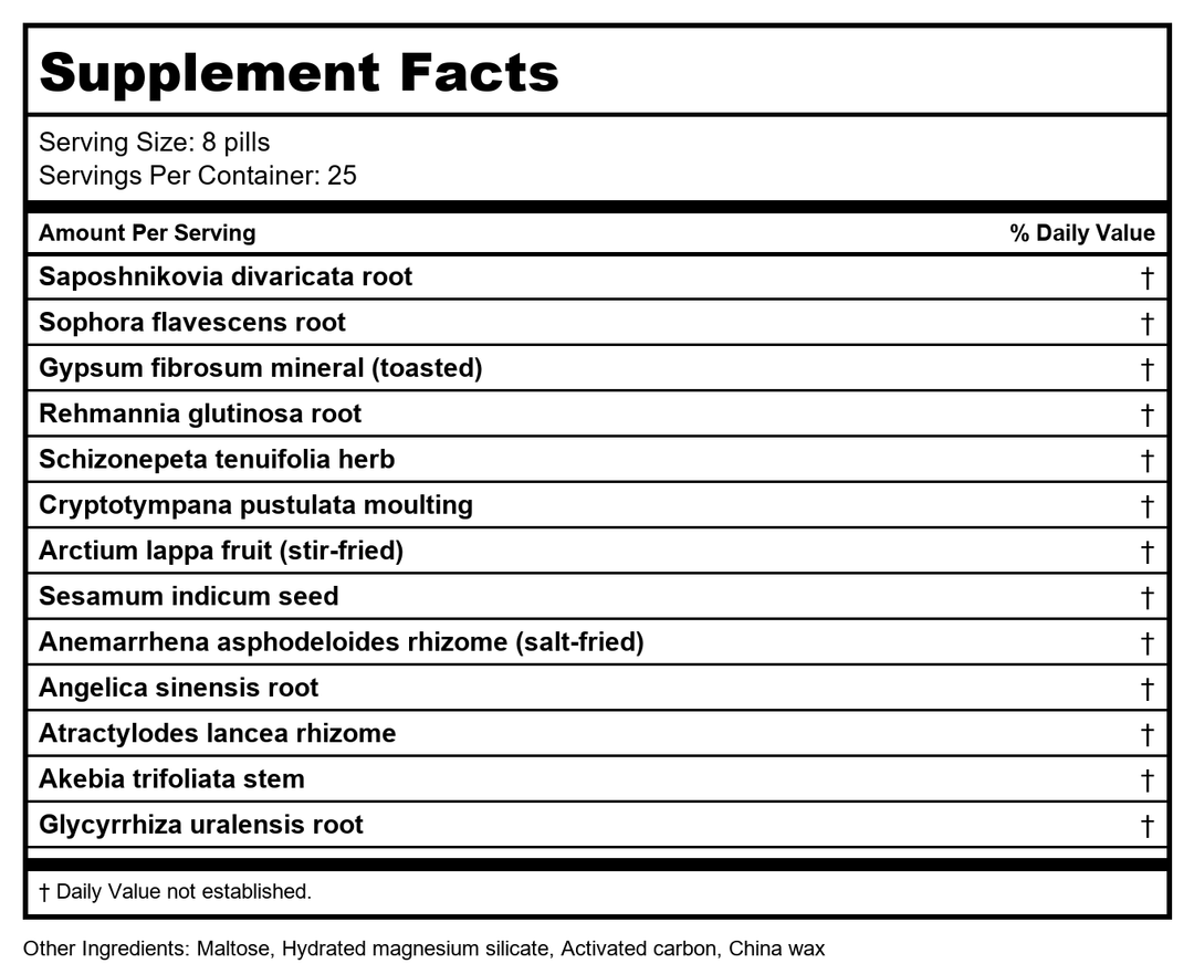 Plum Flower Great Windkeeper Teapills (Xiao Feng Wan) 3382, 200 Teapills by MayWay - Supplement Facts panel