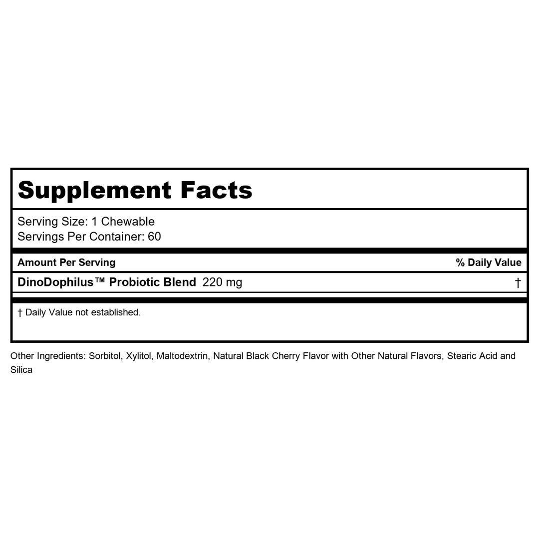 KAL DinoDophilus Probiotics for Kids, Kids Probiotic with 2 Billion CFU, Chewable Kids Probiotics with Natural Black Cherry Flavor for Gut Health and Digestion Support, 60 Servings, 60 Chewables - Supplement Facts panel