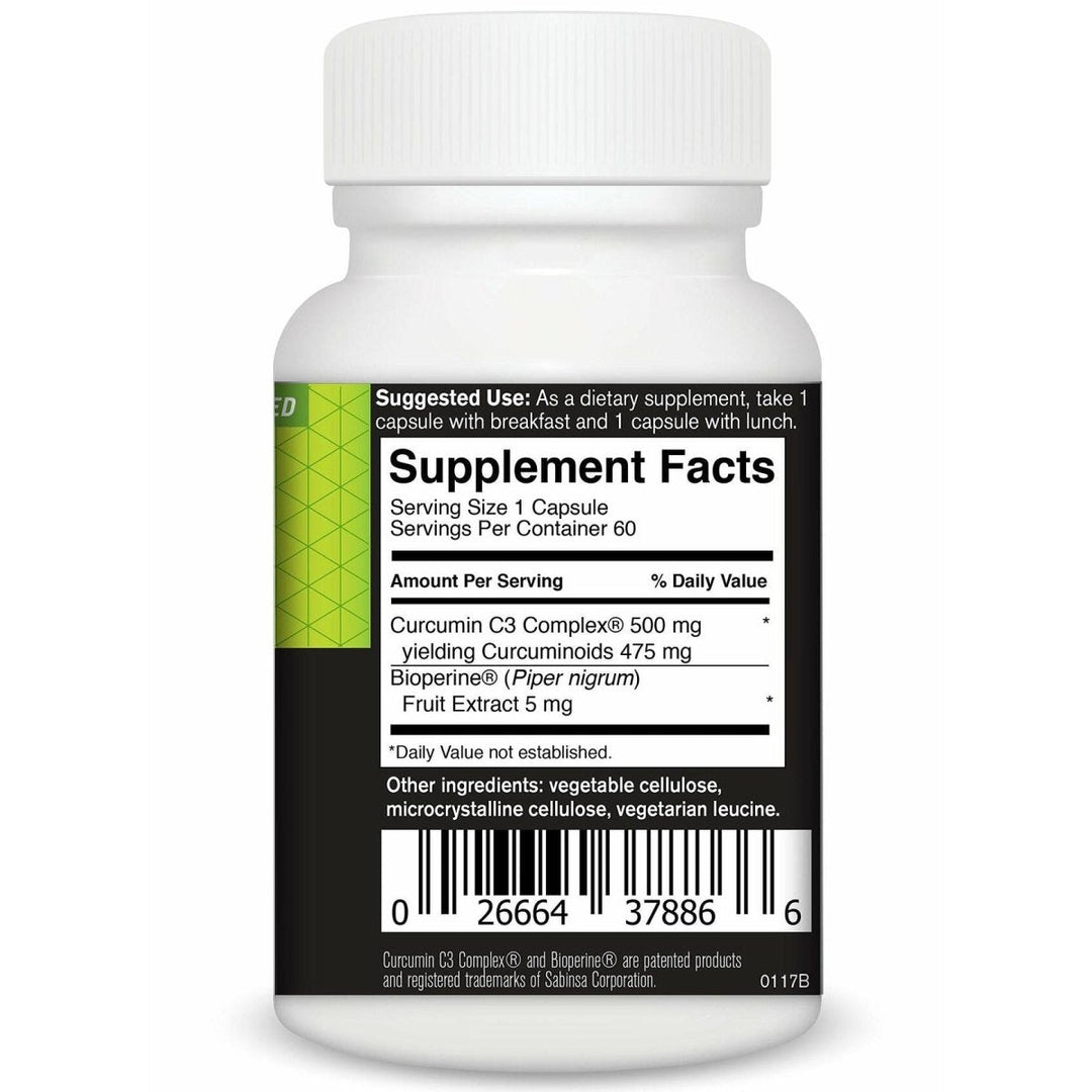 FoodScience of Vermont- Curcumin C3 Complex, 500 MG Capsules, 60 Count - Supplement Facts panel