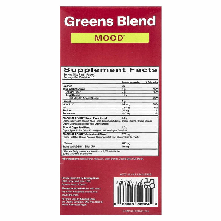 Amazing Grass Greens Blend Mood: Super Greens Powder Smoothie Mix for Mood, Relaxation &amp; Stress Support with Organic Spirulina, Chlorella, Beet Root Powder, Digestive Enzymes &amp; Probiotics, 15 Servings - Supplement Facts panel