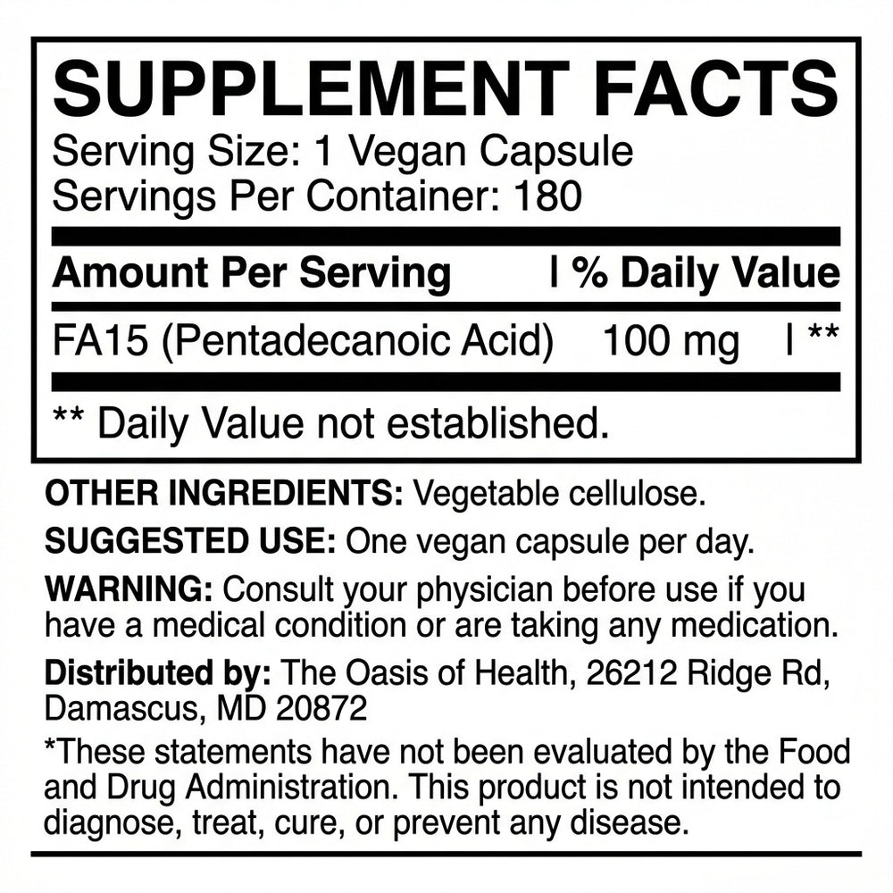 Fatty15 180 Vegan Capsules Supplement Facts ingredients label