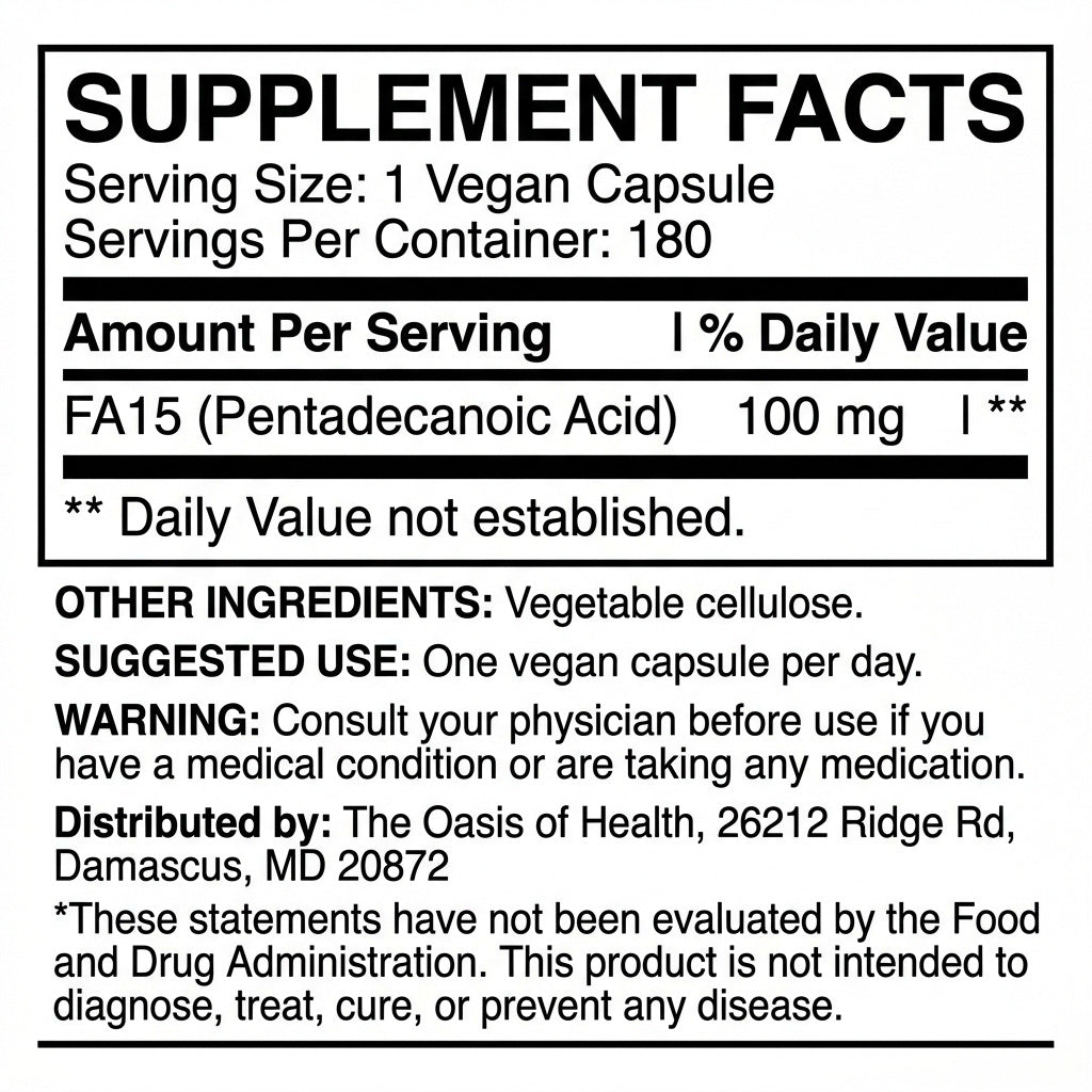 Fatty15 180 Vegan Capsules Supplement Facts ingredients label