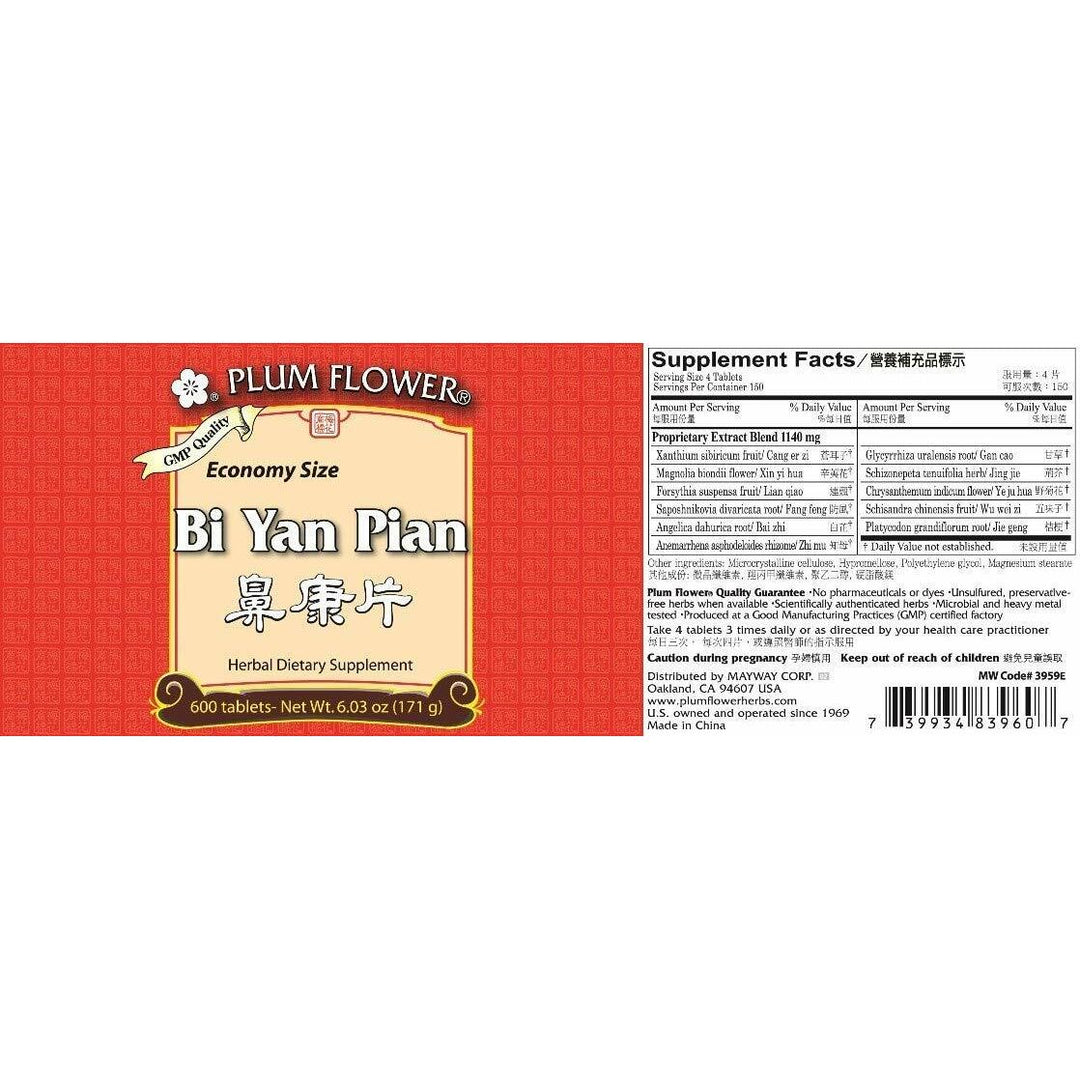 Plum Flower Bi Yan Tablets Economy Size 600 Tablets by MayWay - Supplement Facts panel