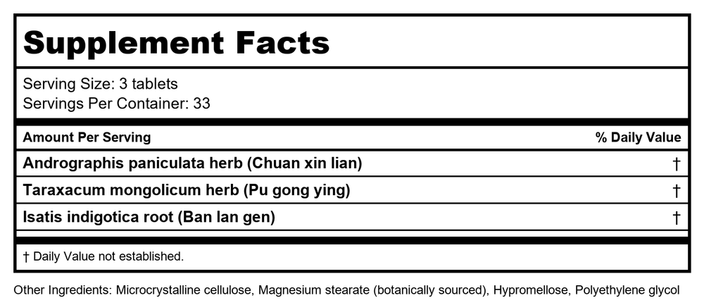 Chuan Xin Lian Pian 100 tabs- Plum Flower by MayWay - Supplement Facts panel