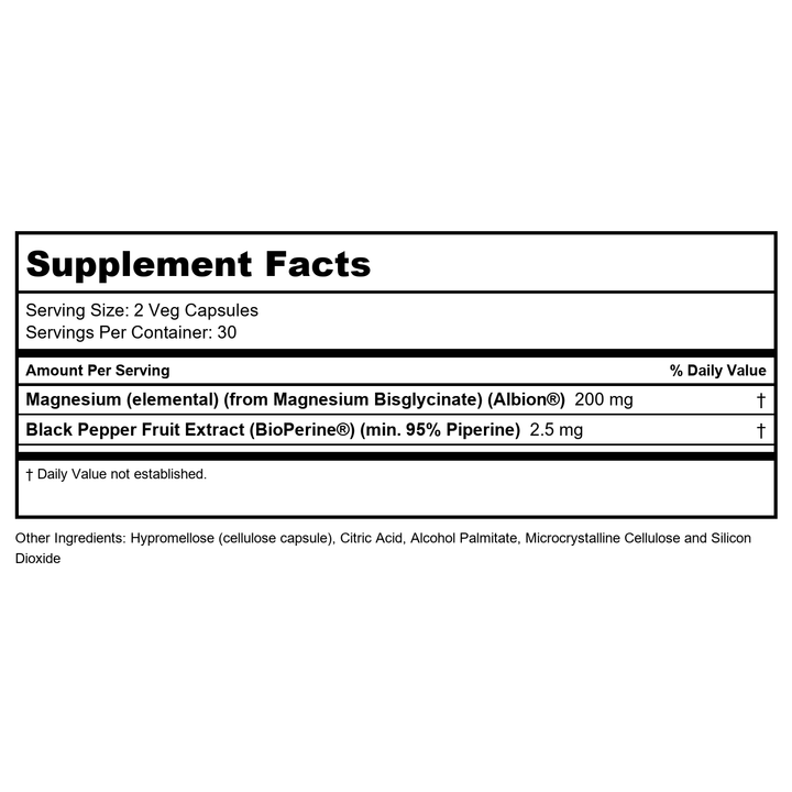 NOW Foods Supplements, Magnesium Glycinate with BioPerine, 60 Veg Capsules - Supplement Facts panel