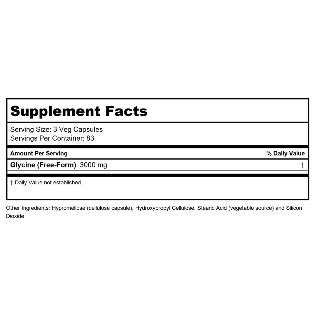 Now Supplements, Glycine 1,000 mg Free-Form, Neurotransmitter Support*, 250 Veg Capsules - Supplement Facts panel