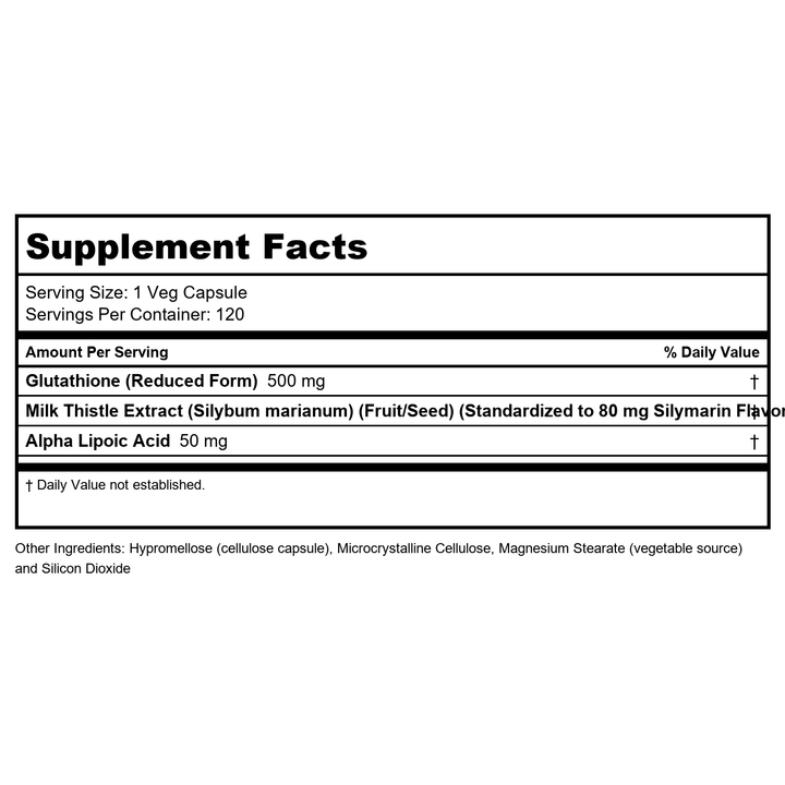 NOW Foods Supplements, Glutathione 500 mg, with Milk Thistle Extract &amp; Alpha Lipoic Acid, Free Radical Neutralizer*, 120 Veg Capsules, Beige - Supplement Facts panel