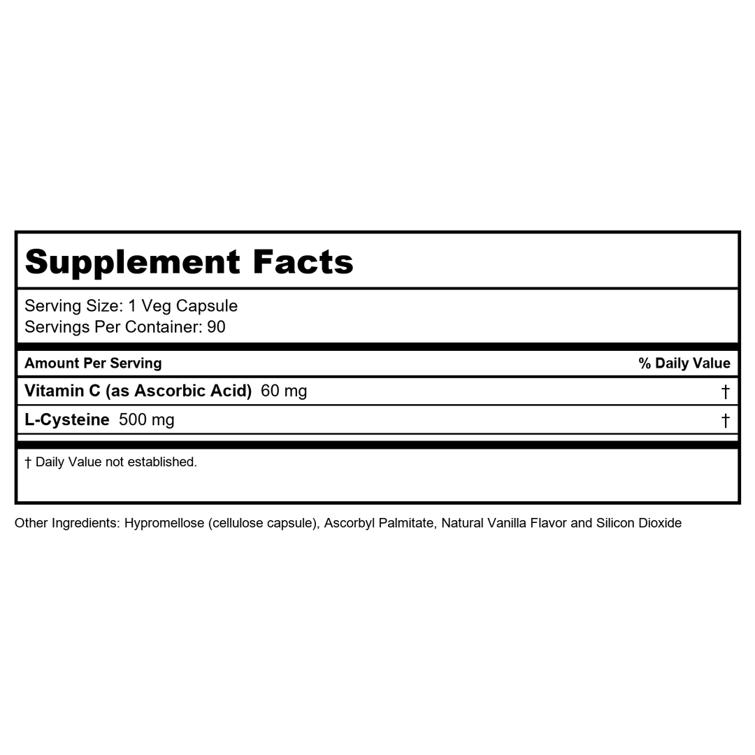 NOW Foods, L-Cysteine 500 mg, 90 Veg Capsules - Healthy Skin, Hair, and Nails* with Vitaman C - Supplement Facts panel
