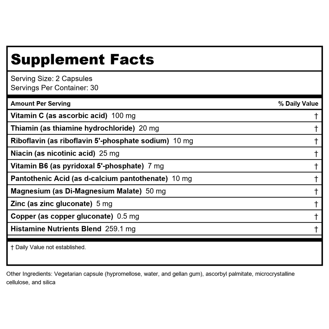Seeking Health Histamine Nutrients - Seasonal Histamine Support Supplement with Vitamin B1, Zinc, &amp; Vitamin B3 - Aids Histamine Response - 60 Capsules - Supplement Facts panel