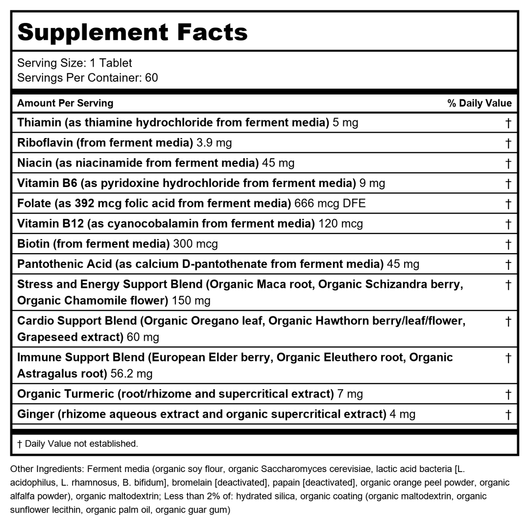 New Chapter Vitamin B Complex – Fermented Coenzyme B Complex Rich in Vitamin B12 + Vitamin B6 + Biotin + Made with Organic Ingredients - 60 ct - Supplement Facts panel