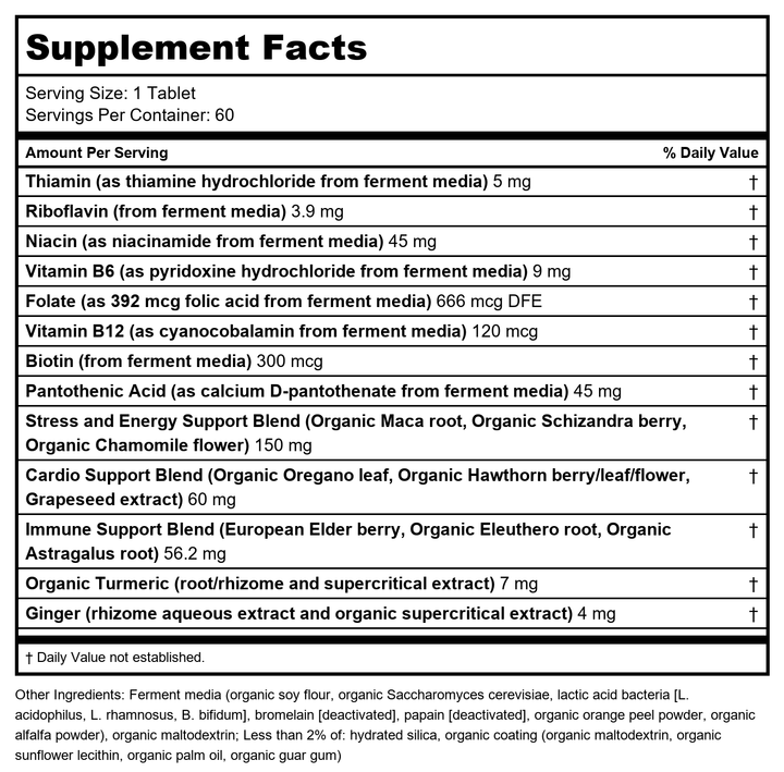 New Chapter Vitamin B Complex – Fermented Coenzyme B Complex Rich in Vitamin B12 + Vitamin B6 + Biotin + Made with Organic Ingredients - 60 ct - Supplement Facts panel