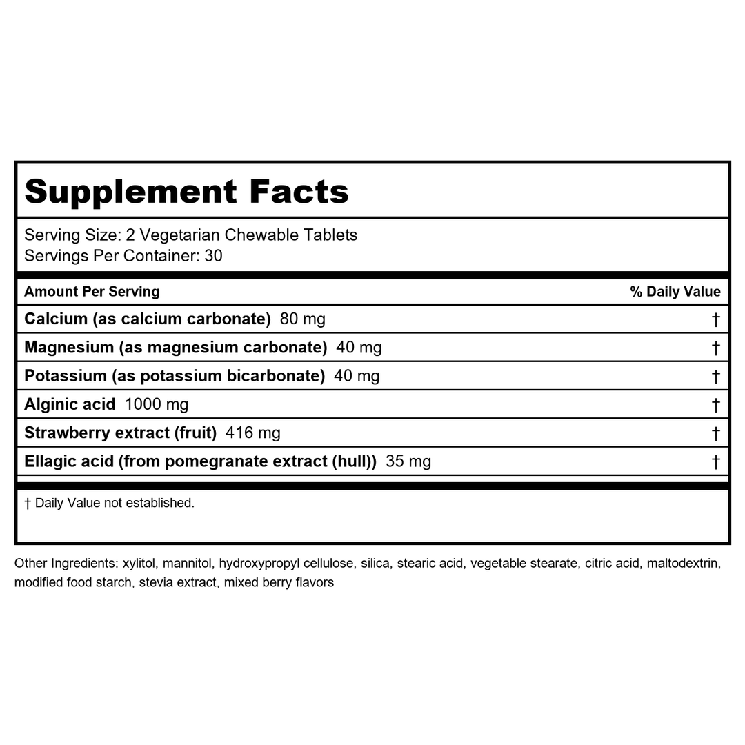 Life Extension Esophageal Guardian, alginic Acid, Potassium Bicarbonate, get Long-Lasting Relief from gastric Distress, Vegetarian, Non-GMO, Gluten-Free, 60 Vegetarian chewable Tablets - Supplement Facts panel