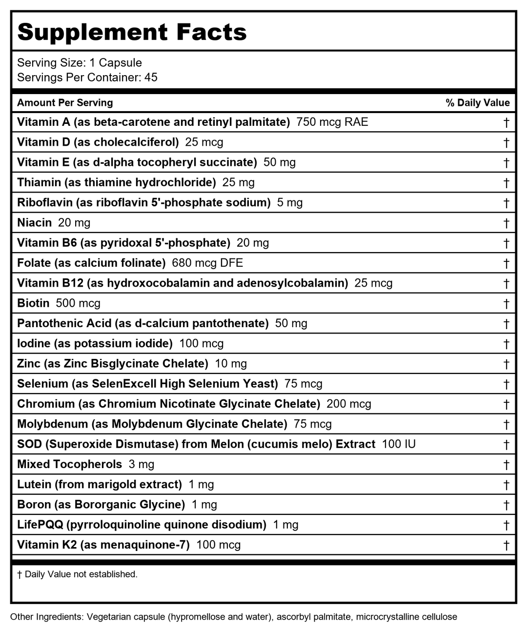 Seeking Health Multivitamin One MF - MTHFR Support Supplement with Calcium Folinate &amp; Vitamin B12 - Easy-to-Digest - Methyl-Free Vegetarian Capsule - 45 Veggie Capsules - Supplement Facts panel