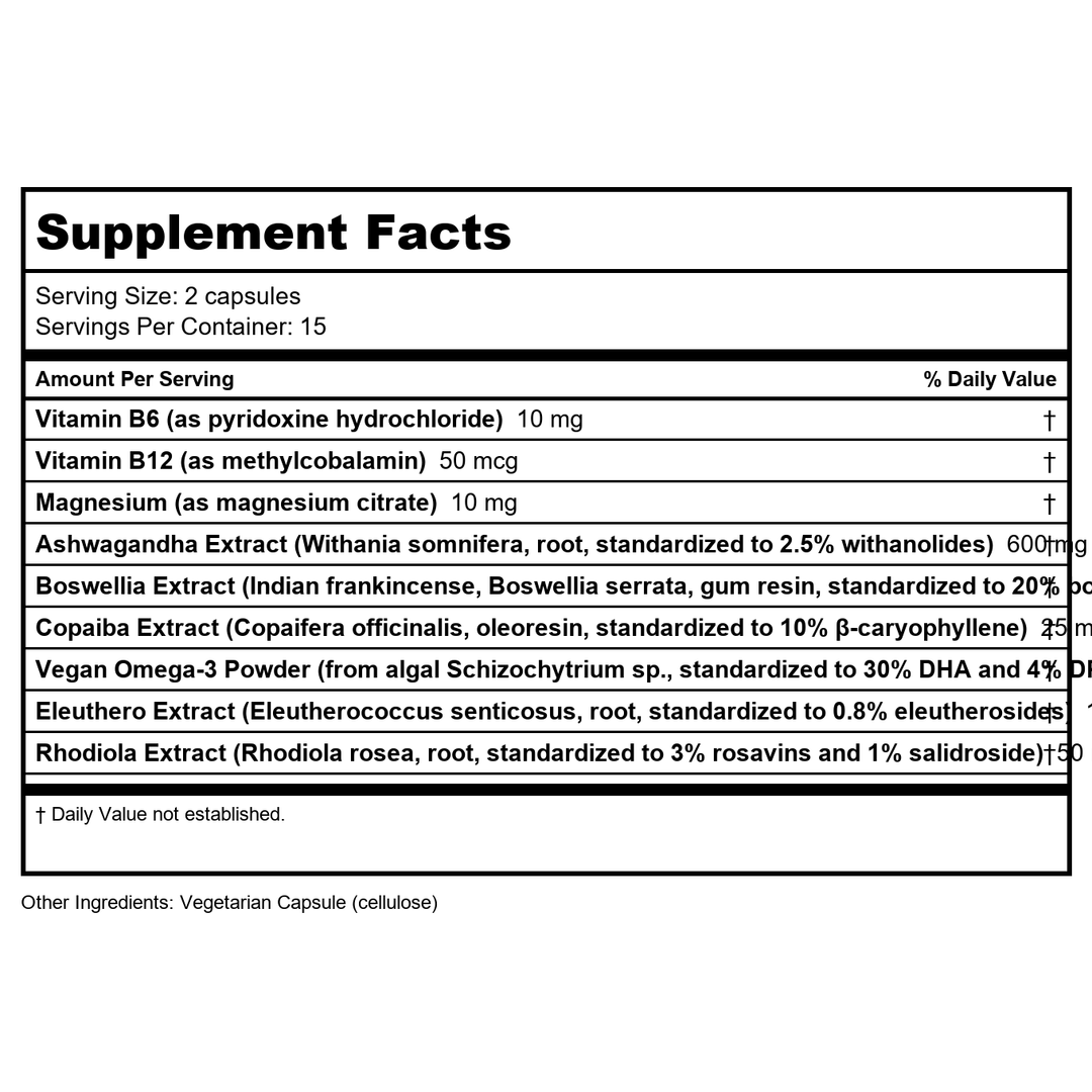 Vital Nutrients Cortisol Balance | Vegan Stress Relief Supplement | Cortisol Manager Supports Energy &amp; Stress Levels | Ashwagandha &amp; Magnesium for Relaxation | Gluten, Dairy, Soy Free | 90 Capsules - Supplement Facts panel