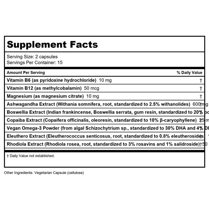 Vital Nutrients Cortisol Balance | Vegan Stress Relief Supplement | Cortisol Manager Supports Energy &amp; Stress Levels | Ashwagandha &amp; Magnesium for Relaxation | Gluten, Dairy, Soy Free | 90 Capsules - Supplement Facts panel