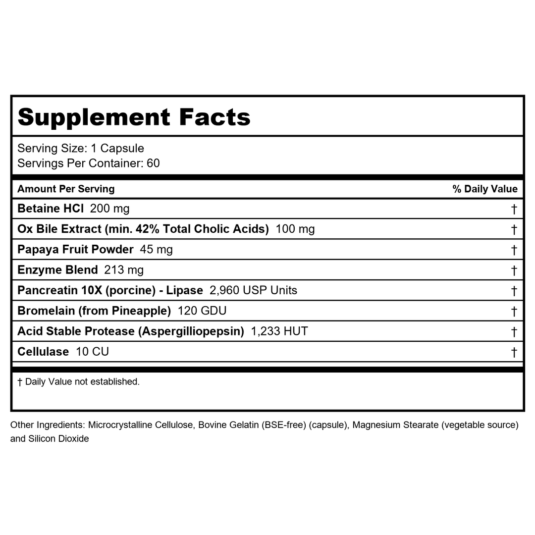 Now Supplements, Super Enzymes, Formulated with Bromelain, Ox Bile, Pancreatin and Papain, Super Enzymes, 60 Capsules - Supplement Facts panel