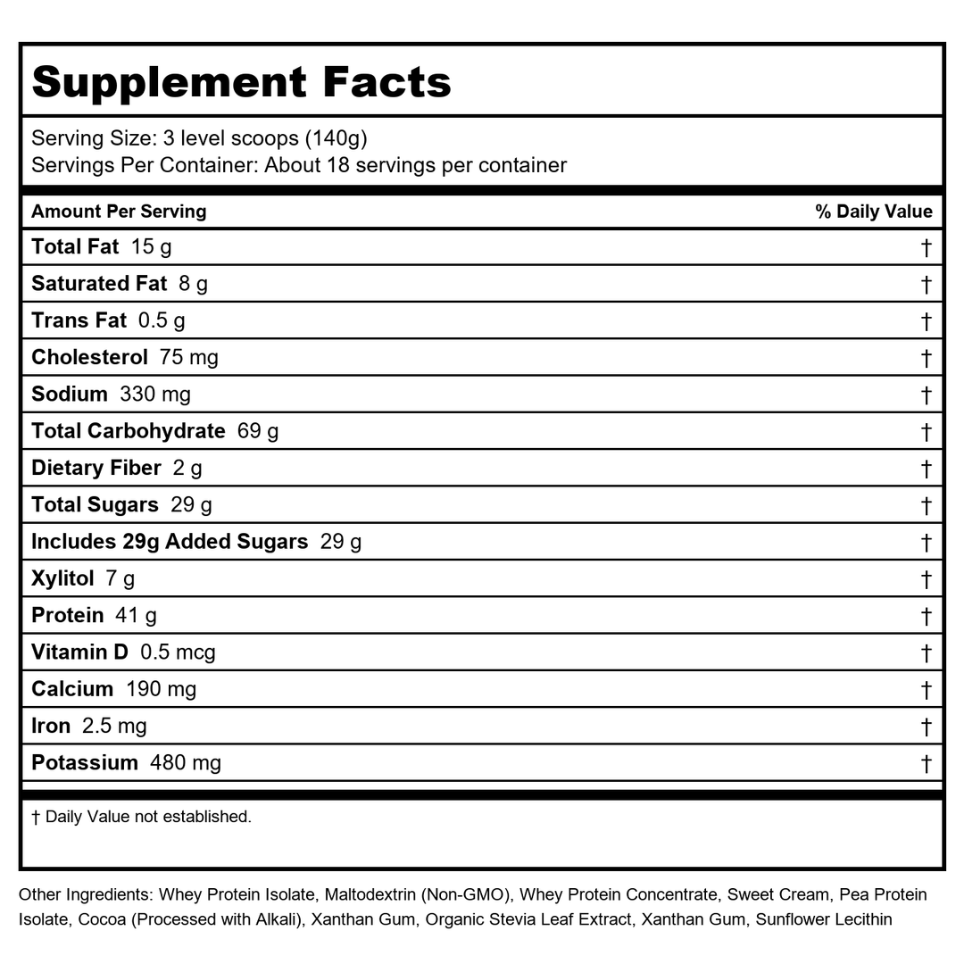 NOW Foods Sports Mass Gainer Protein Powder, Creamy Chocolate Flavor, Pea and Whey Protein Blend, 5.5 lbs. - Supplement Facts panel