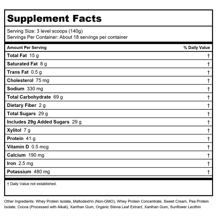 NOW Foods Sports Mass Gainer Protein Powder, Creamy Chocolate Flavor, Pea and Whey Protein Blend, 5.5 lbs. - Supplement Facts panel