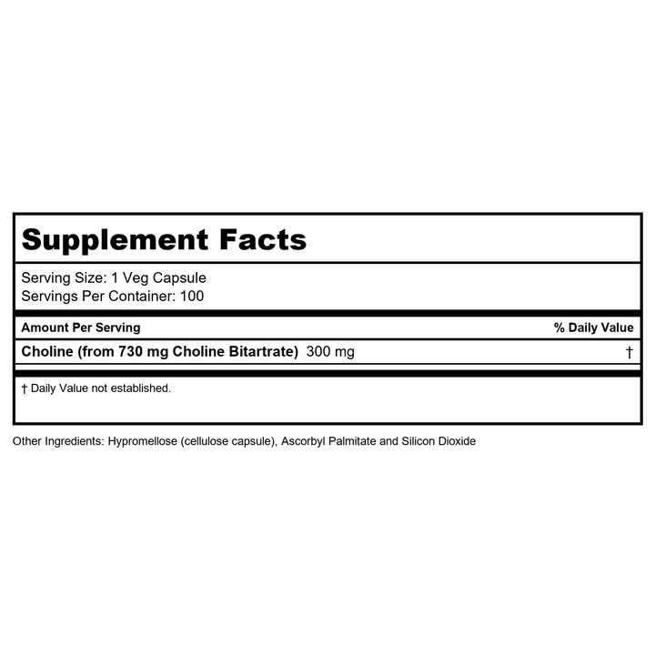 NOW Supplements Choline 300 mg, 100 Veg Capsules - Supports Nervous System and Liver Health, Vegan - Supplement Facts panel