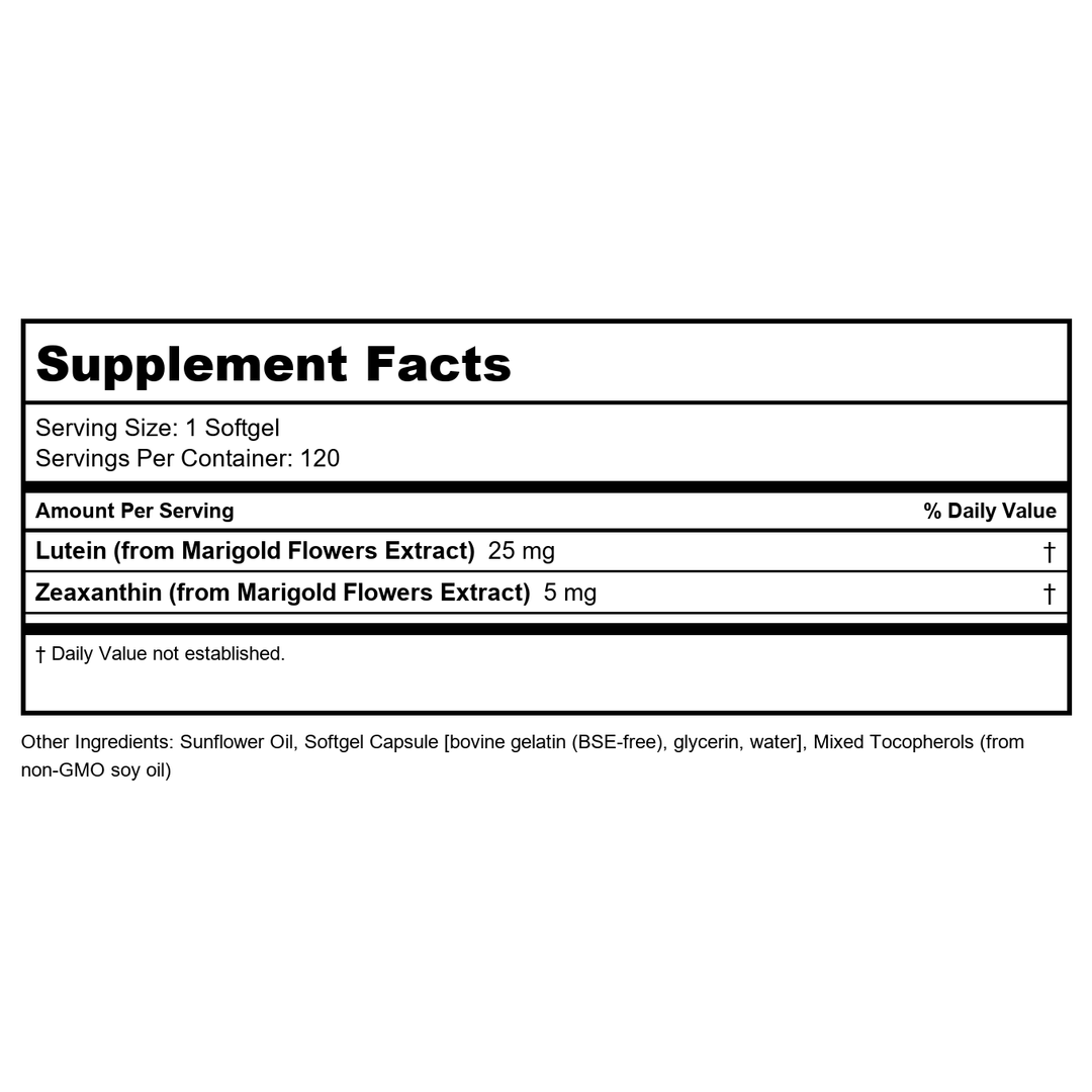 NOW Supplements, Lutein &amp; Zeaxanthin with 25 mg Lutein and 5 mg Zeaxanthin, 120 Softgels - Supplement Facts panel