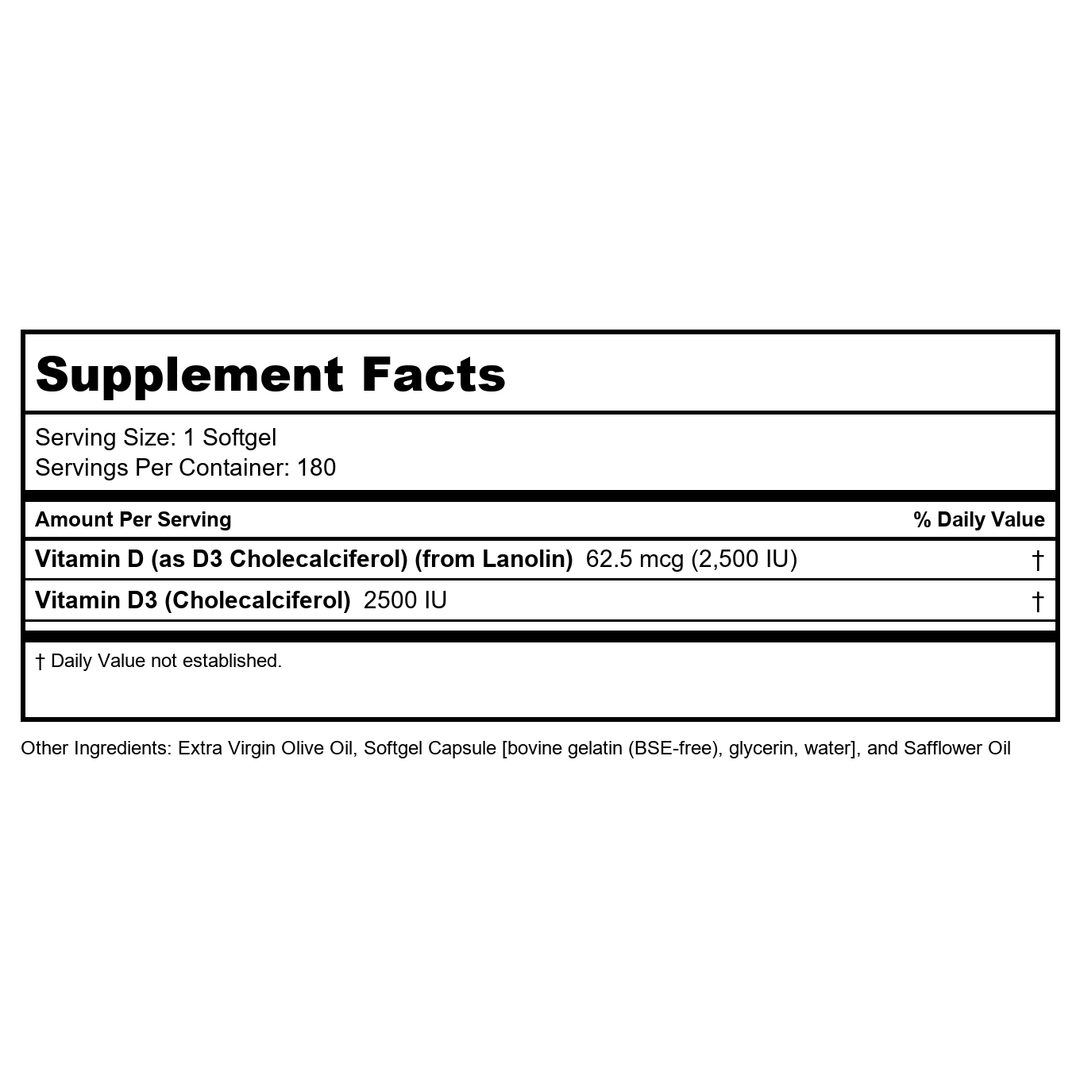 NOW Supplements, Vitamin D3 2500 IU, Bone and Immune Health*, Non-GMO, 180 Softgels - Supplement Facts panel