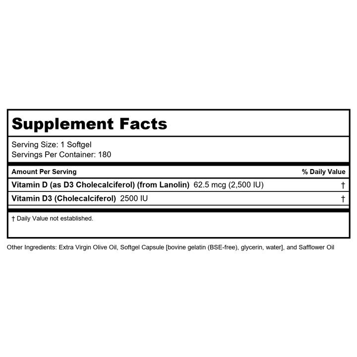 NOW Supplements, Vitamin D3 2500 IU, Bone and Immune Health*, Non-GMO, 180 Softgels - Supplement Facts panel