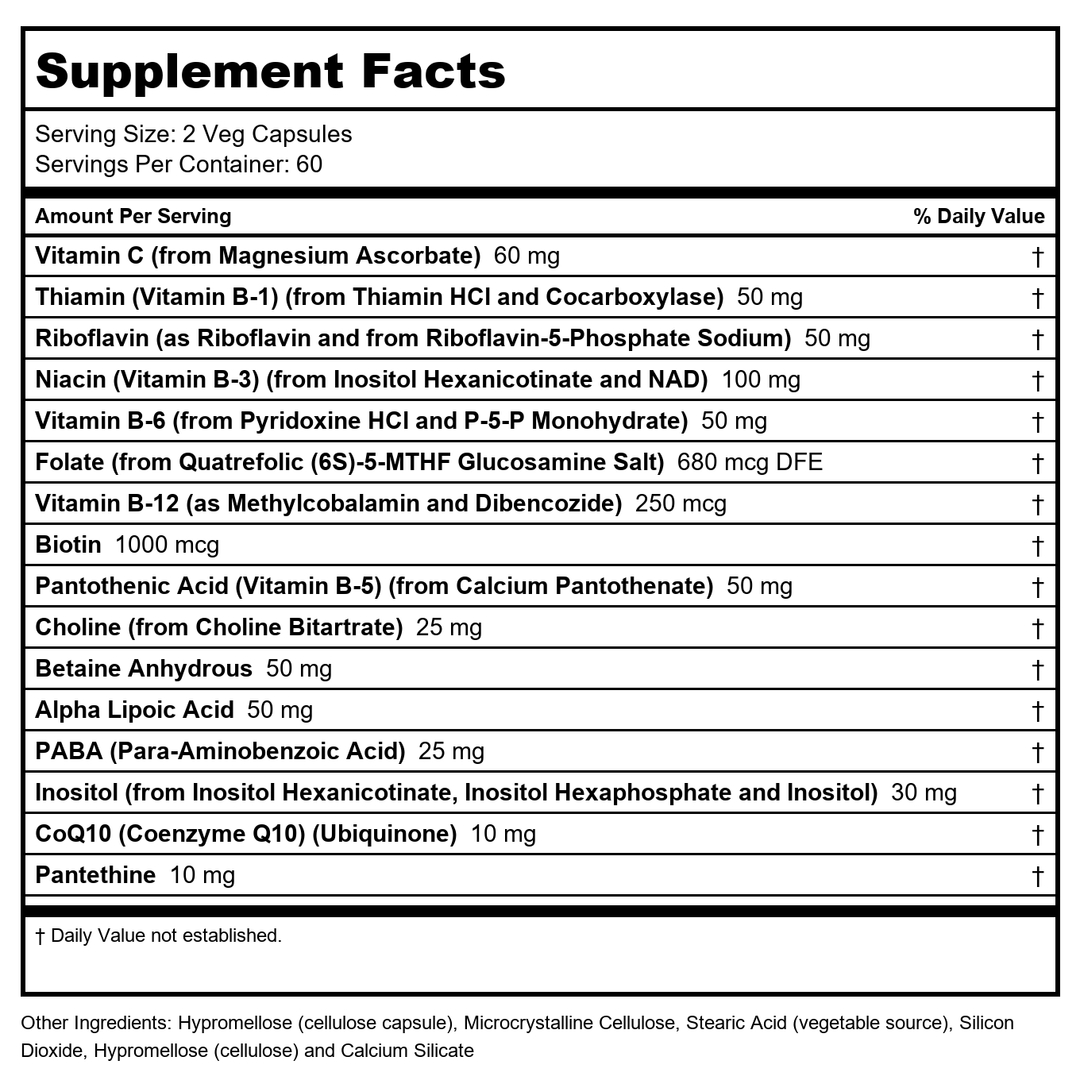 NOW Supplements, Co-Enzyme B Complex with Alpha Lipoic Acid and CoQ10, Nutritional Health, 120 Veg Capsules - Supplement Facts panel