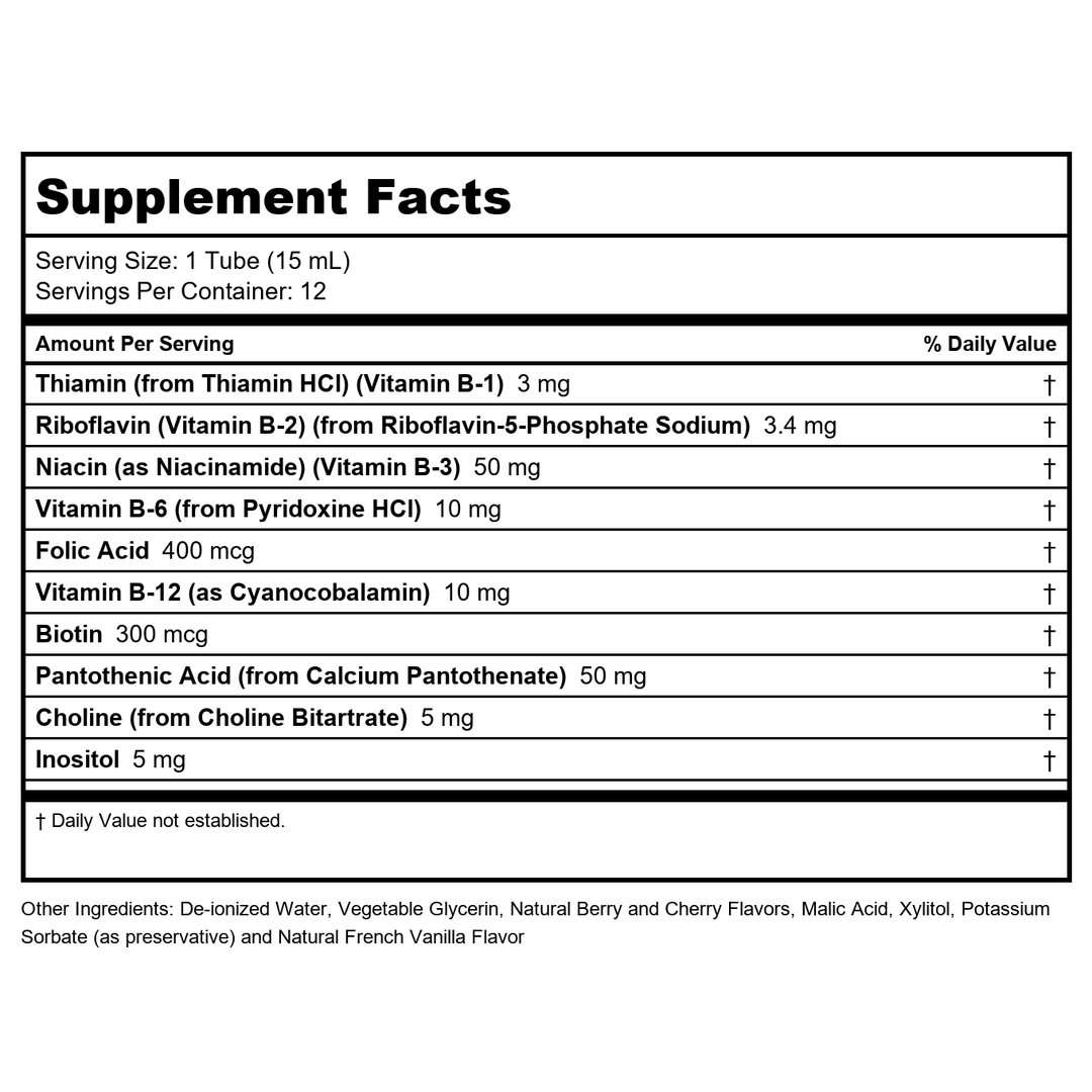 NOW Foods - Shots Liquid B12 Energy Boost Shots Mixed Berry 10000 mcg. - 12 Vial(s) - Supplement Facts panel