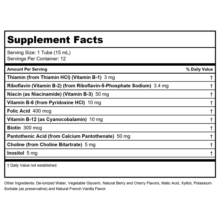 NOW Foods - Shots Liquid B12 Energy Boost Shots Mixed Berry 10000 mcg. - 12 Vial(s) - Supplement Facts panel