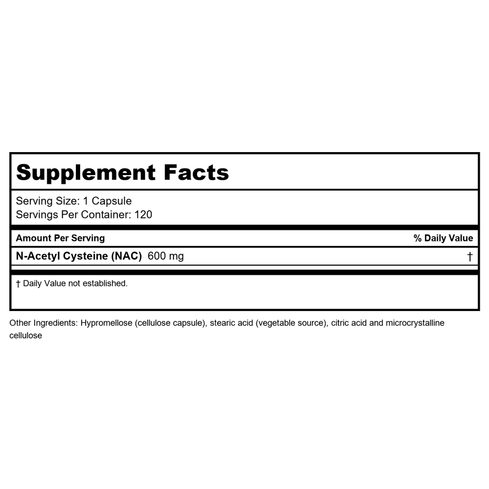 NOW Foods NAC-(N-Acetyl Cysteine) 600mg 120 Vegetarian Capsules - Supplement Facts panel