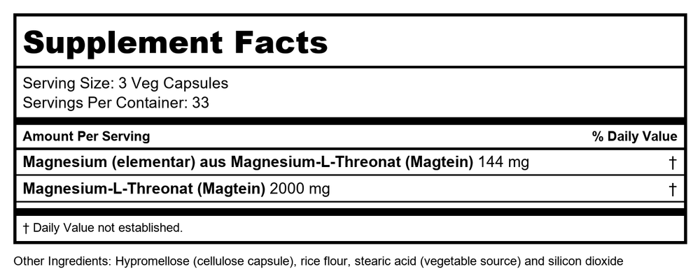 Now Foods Magtein 100 Vegetarian Capsules - Supplement Facts panel