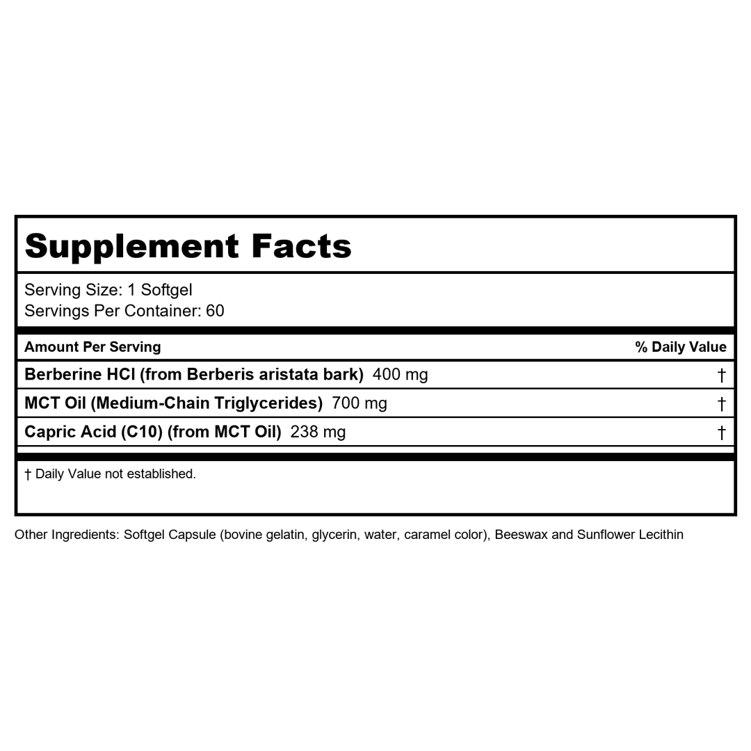 NOW Supplements, Berberine Glucose Support, Combined with MCT Oil for Optimal Berberine Absorption, 60 Softgels - Supplement Facts panel