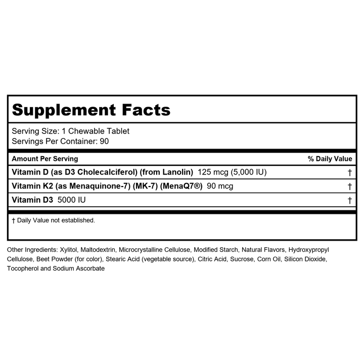 NOW Supplements, Vitamin D3 &amp; K2, 5,000 IU/90 mcg, Plus Cardiovascular Support*, Supports Bone Health*, 90 Chewable Tablets - Supplement Facts panel