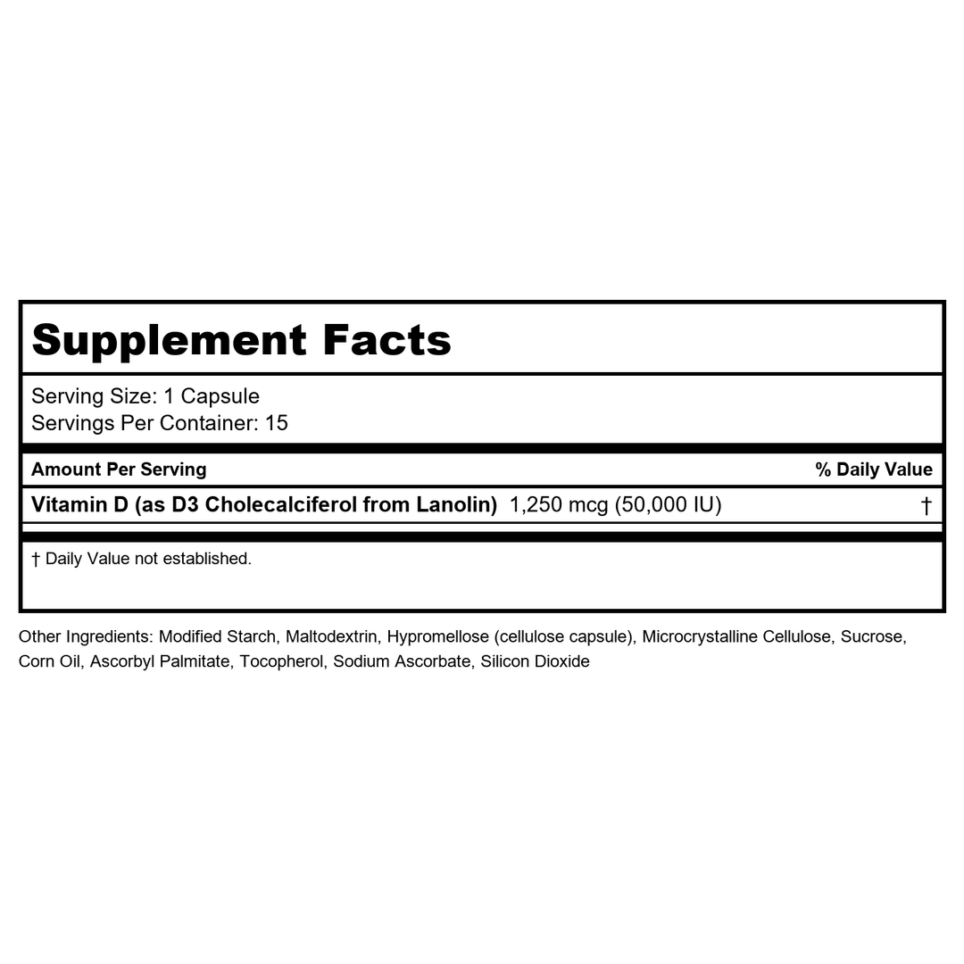 NOW Supplements, Vitamin D3 50,000 IU, 15 Veg Capsules - Supplement Facts panel