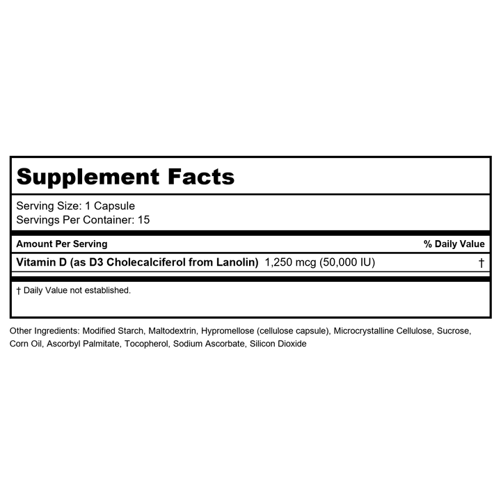 NOW Supplements, Vitamin D3 50,000 IU, 15 Veg Capsules - Supplement Facts panel