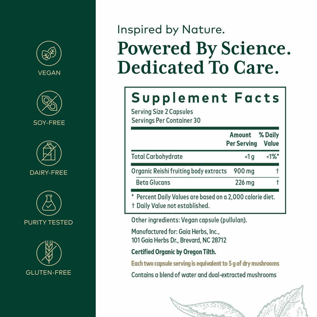 GAIA HERBS PRO Reishi Mushroom - Immune Support &amp; Adaptogenic Benefits* - Certified Organic Mushroom Extract - Vegan - 60 Capsules (30 Servings) - Supplement Facts panel