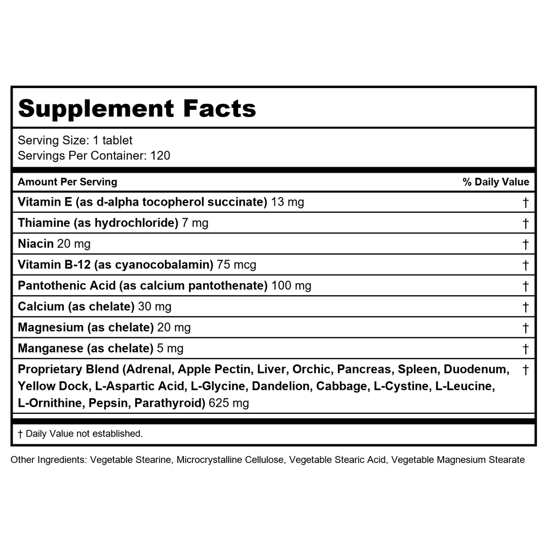 Nutri-West - Core Level Adrenal - 120 - Supplement Facts panel