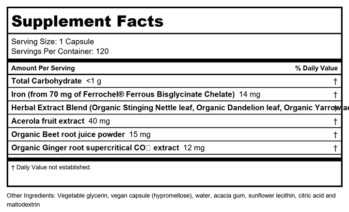 Floradix Iron + Herbs - Iron Supplement for Healthy Energy Support* - Supports Red Blood Cell Formation - Vegan, Non-GMO, Gluten-Free, Soy-Free - 120 Liquid Phyto-Caps - Supplement Facts panel