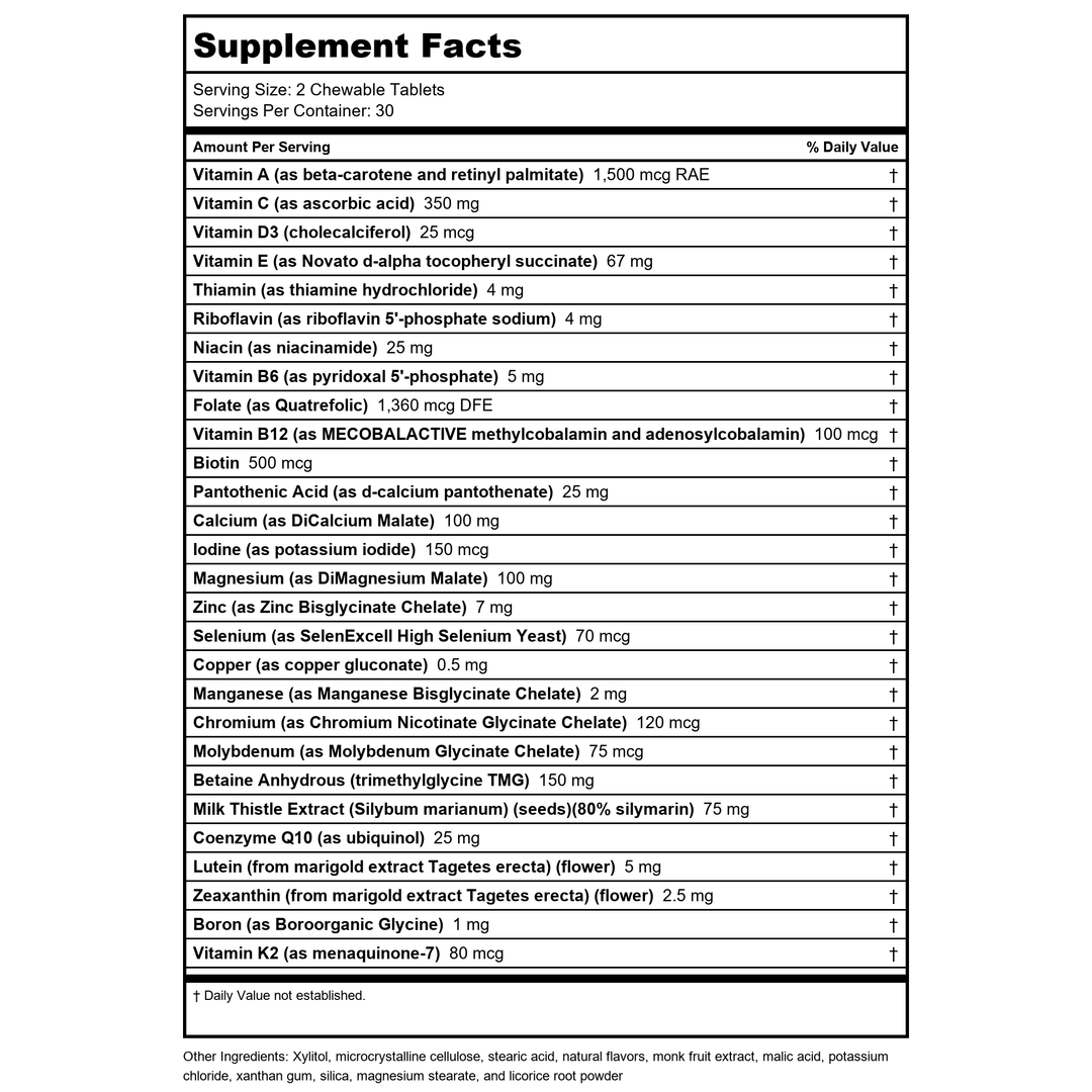 Seeking Health Prenatal Essentials Chewable - Prenatal Support Supplement with Riboflavin - Formula Supports Immune Health &amp; Methylation - B12 Supplement to Support Genetic Development - 60 Tablets - Supplement Facts panel