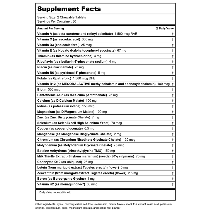 Seeking Health Prenatal Essentials Chewable - Prenatal Support Supplement with Riboflavin - Formula Supports Immune Health &amp; Methylation - B12 Supplement to Support Genetic Development - 60 Tablets - Supplement Facts panel