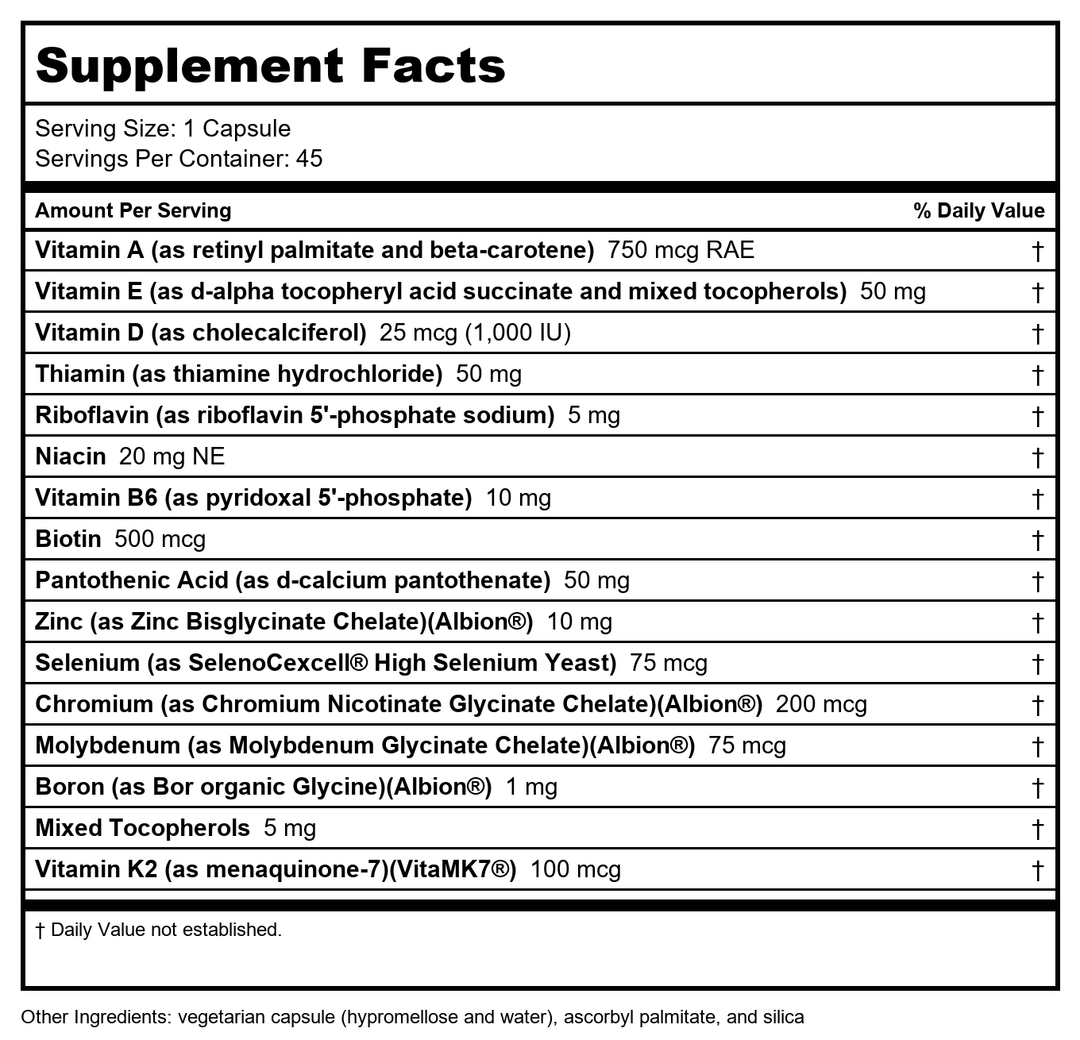 Seeking Health Multivitamin One Sensitive, Daily Vitamin Without B12, Folate, Copper, Iron, Iodine, Calcium, Choline, and Lutein, Antioxidant Support, Vegetarian and Vegan (45 Capsules) - Supplement Facts panel