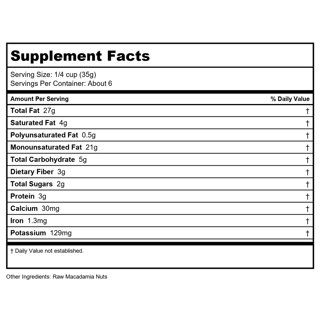NOW Foods, Raw Macadamia Nuts, Unsalted, Good Source of Fiber, Non-GMO Project Verified, 8-Ounce (Packaging May Vary) - Supplement Facts panel